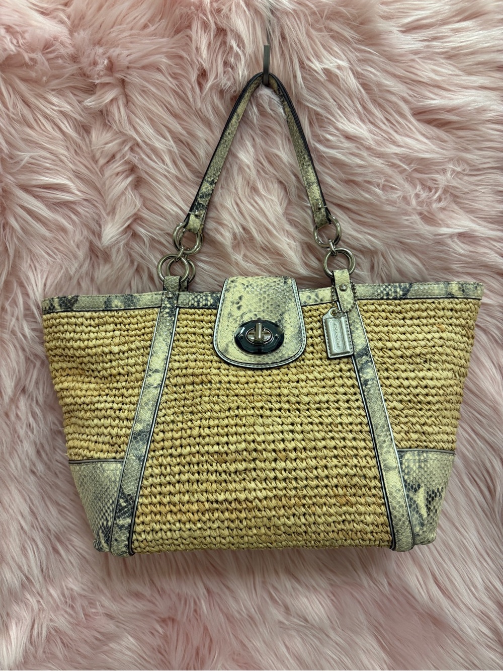 Coach Straw Shoulder Bag with Snakeskin Trim